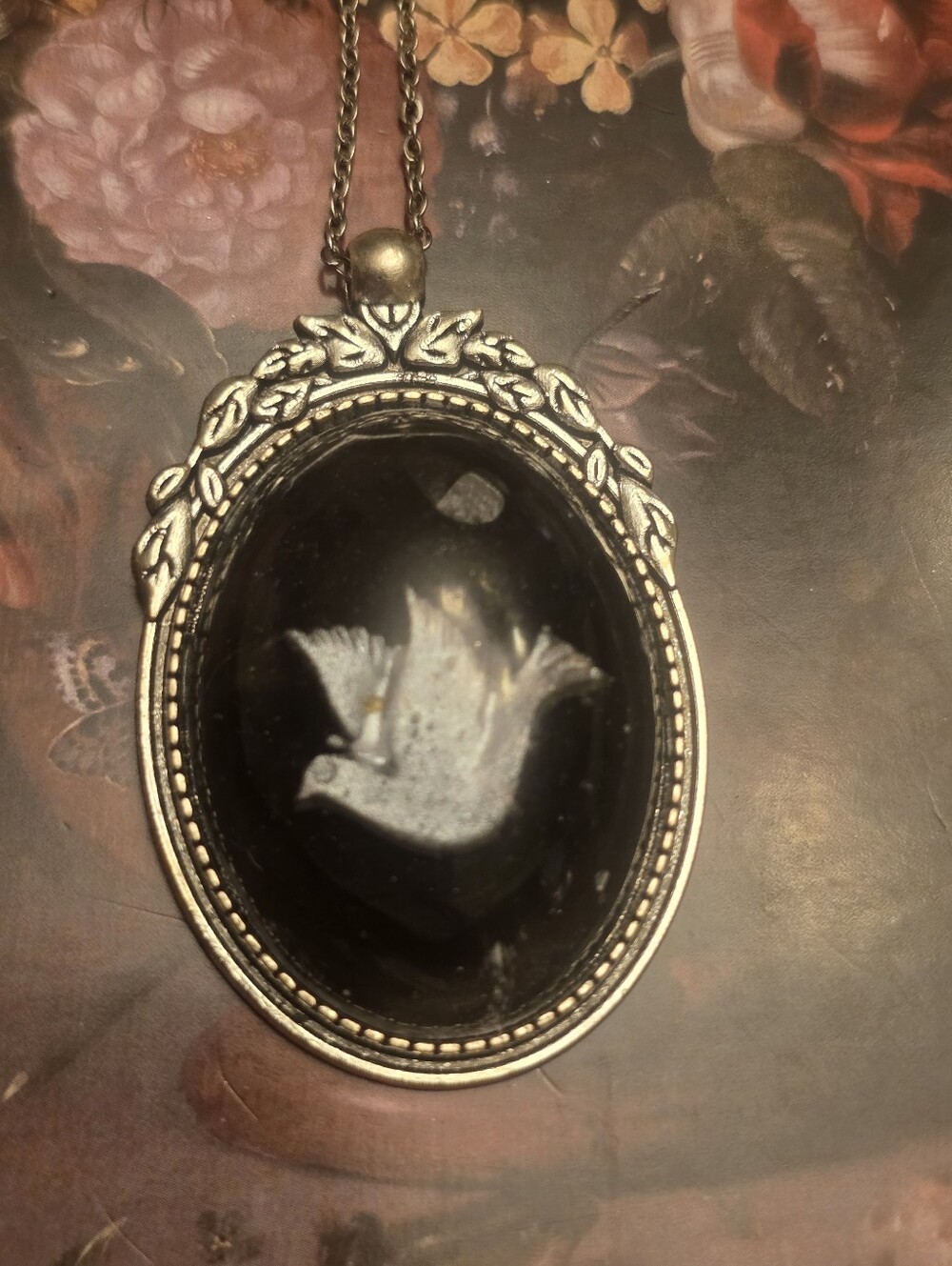 White Dove On Black In Silver Tone Frame With Stainless Steel Chain Necklace